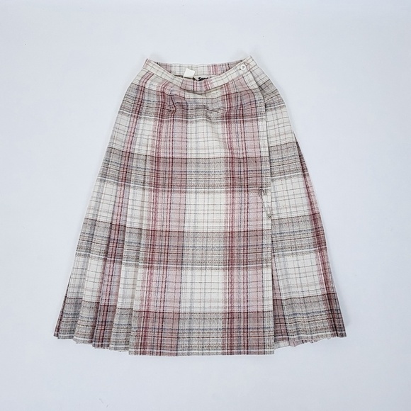 Plaid Wool Midi Skirt pleated pleats full asymmetrical geometric checkered - Picture 2 of 8